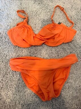 Orange Women's Bikini Set - Comfortable Twist Cup Top & Fold-Over Bottom